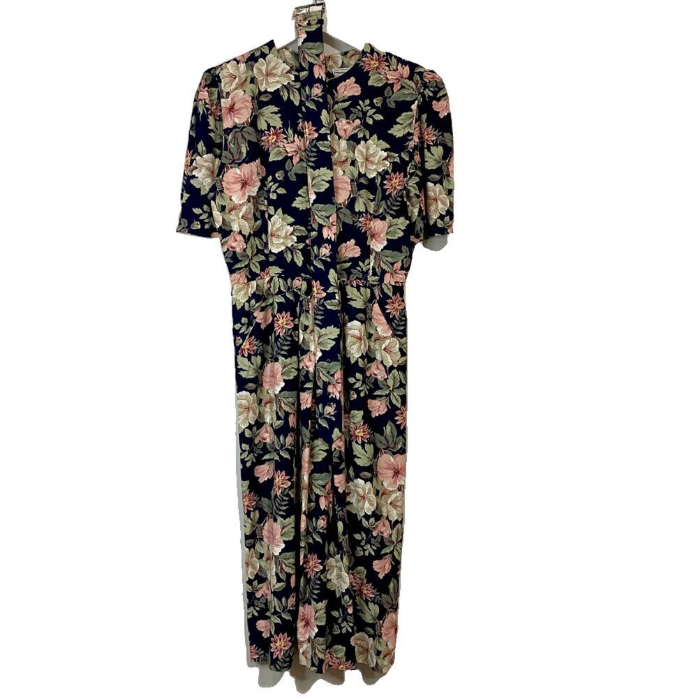 Vintage E.D. Michaels Women’s Floral Print Belted Dress Black Size 7-8 EUC